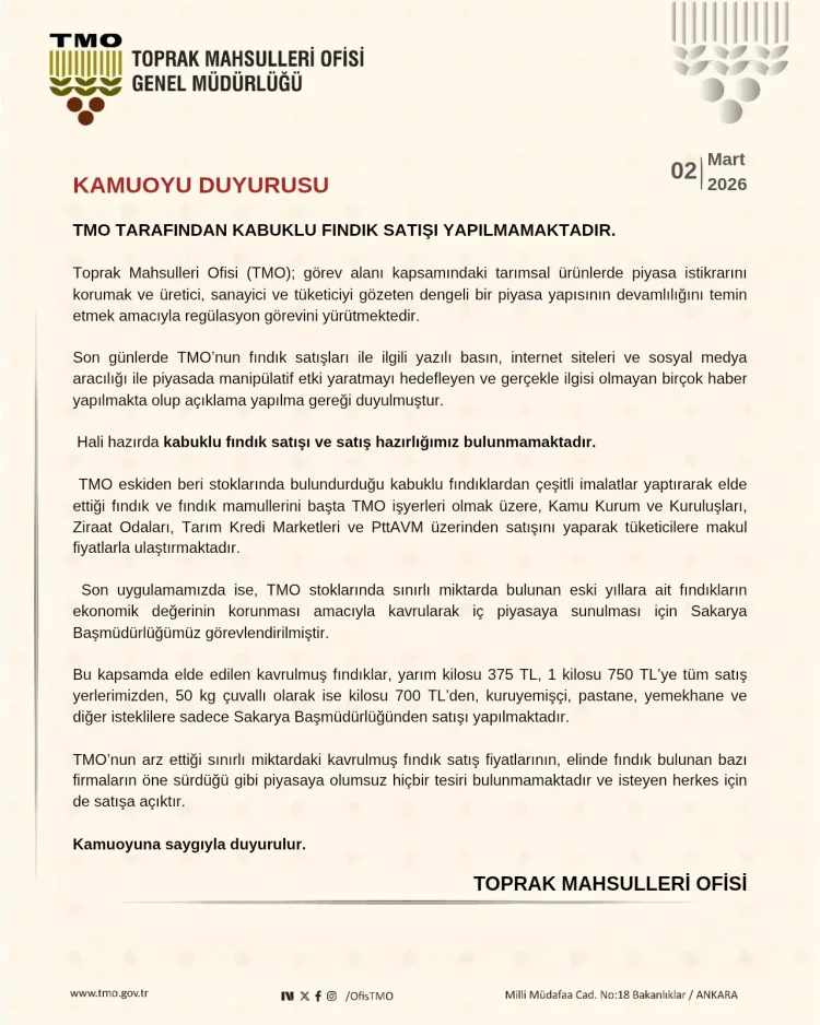 TMO’dan Fındık Satışı Açıklaması: Piyasayı Etkilemiyor