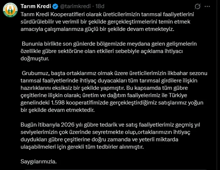 Tarım Kredi’den Gübre Tedarikinde Rekor Açıklama