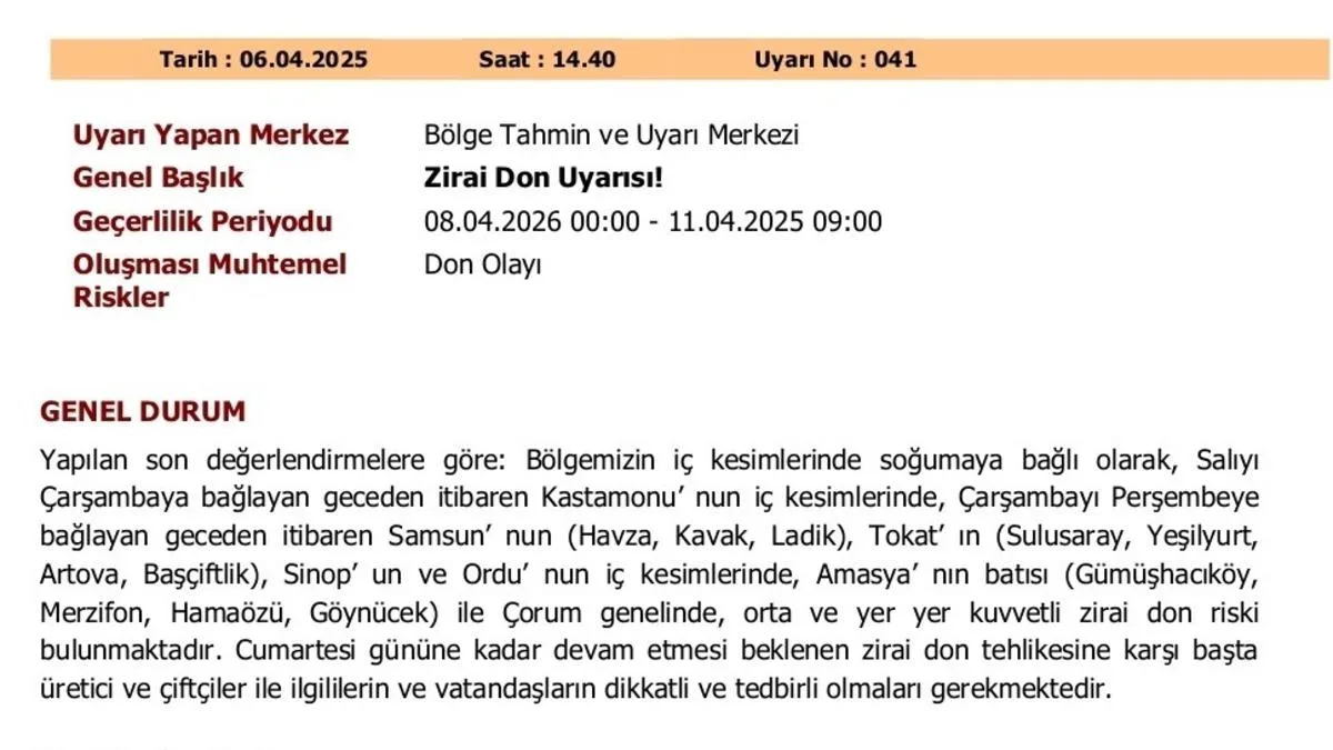İç Kesimlerde Zirai Don Tehlikesi Uyarısı!