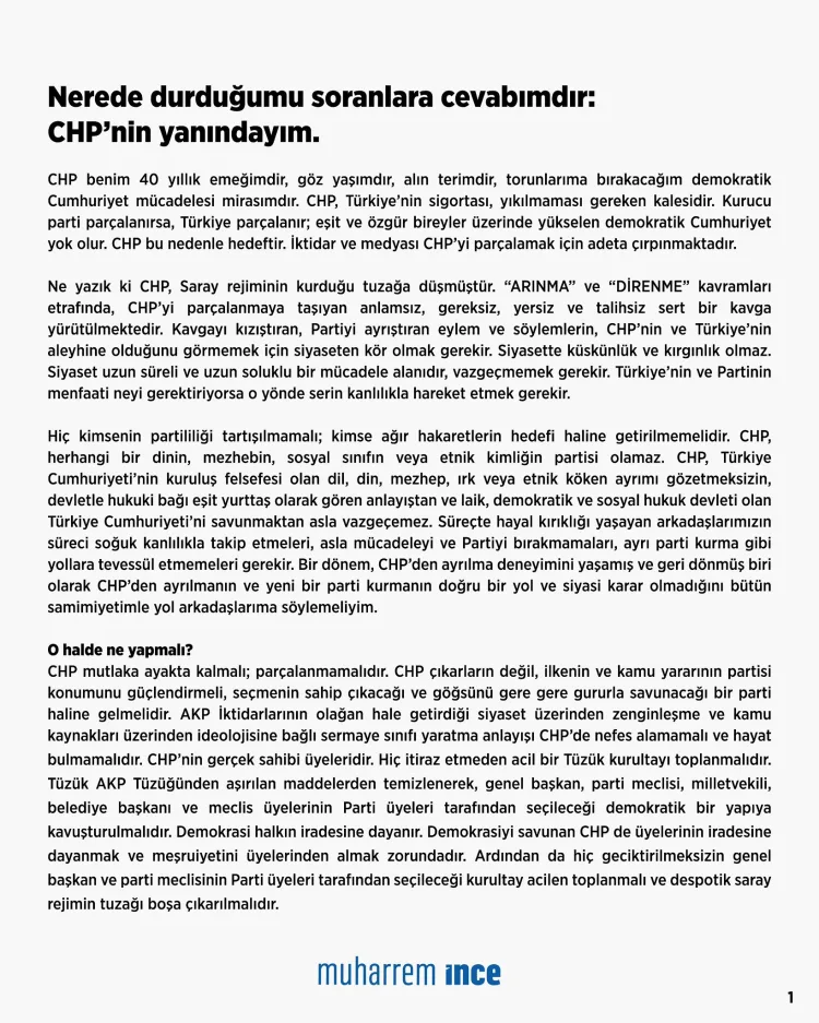 İnce: CHP, Türkiye’nin Geleceği İçin Hayati