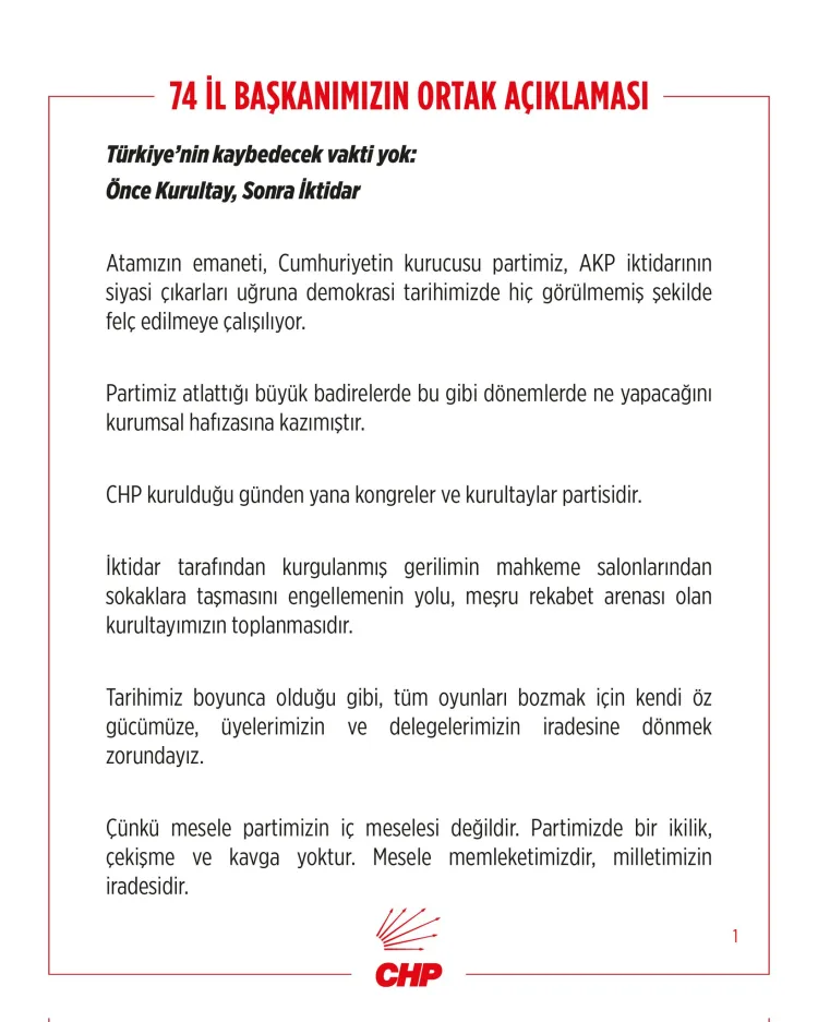 CHP İl Başkanları’ndan Acil Kurultay Çağrısı!