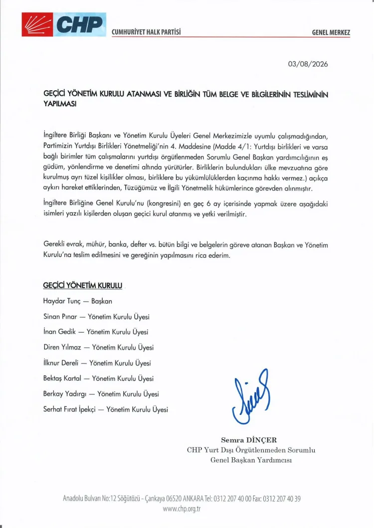 CHP İngiltere Birliği’nde Görev Değişikliği!
