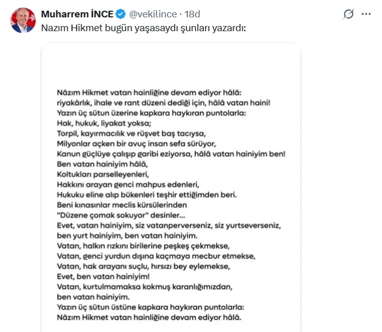 İnce’den Nâzım Hikmet’e Vatan Haini Eleştirisi