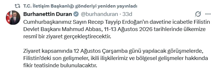 Mahmud Abbas Türkiye’ye Geliyor: Zirve Tarihi Belirlendi